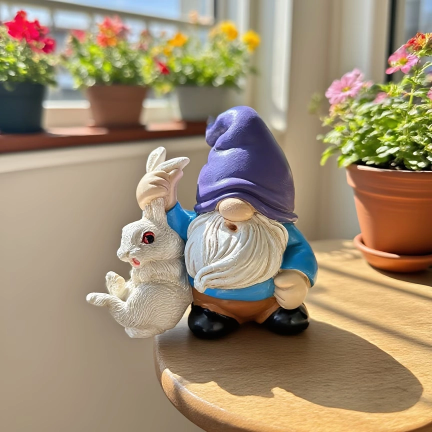0f877f21-0138-4594-be56-31fd42349633 Gnome and Rabbit Resin Garden Ornament - Image 1