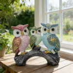 Three Owls on Branch Resin Statue